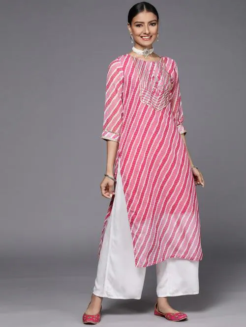 KSUT(House of Varanga) Women Pink & White Leheriya Striped Embroidered Detail Georgette Kurta