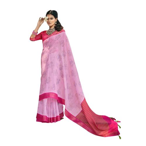 Triveni Cotton Floral Light Pink Saree With Blouse