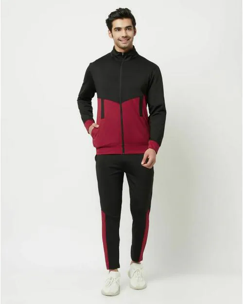 Glito Men's Black & Maroon ColorBlocked Stretchable Regular Fit Gym Wear Track Suit