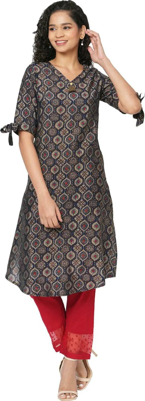 FUSION BEATS Women Blue Printed Polyester Straight Kurta