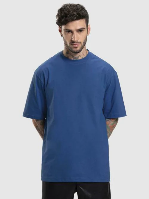 Bewakoof Men's Blue Solid Round Neck Half Sleeve Oversized Fit T-Shirt