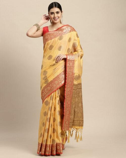 Saree Swarg Women Yellow Silk Blend Woven Design Banarasi Saree