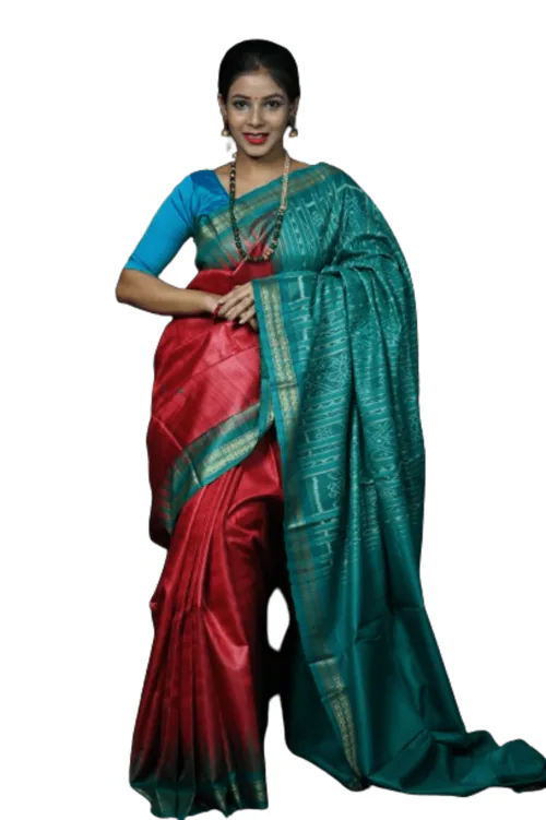 BigRayn Red Green Odisha Handloom Gopalpur Tussar Silk Saree-Odisha Weaves