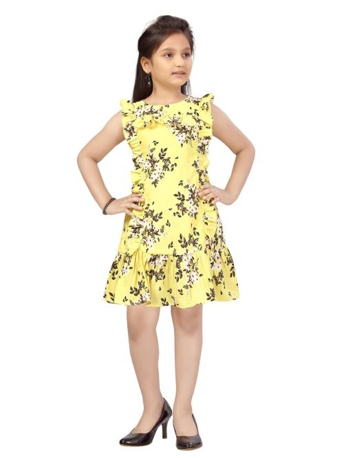 Aarika Girls Yellow Printed Cotton Blend Skater Dress