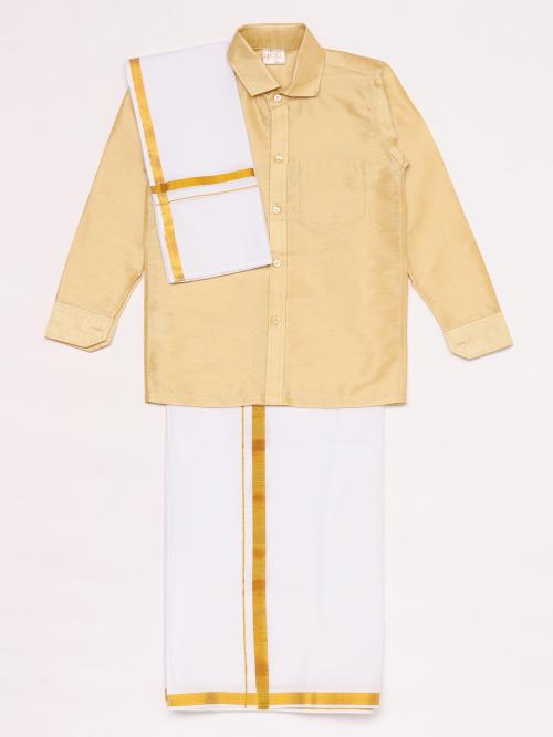 Vastramay Boys' Gold and White Silk Blend Shirt Mundu and Dupatta