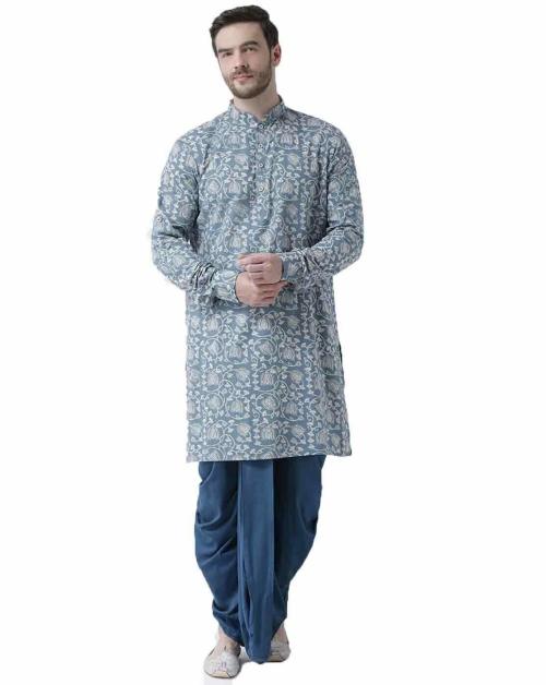 Chitwan Mohan Men Blue and Navy Printed Pure Cotton  Kurta Set
