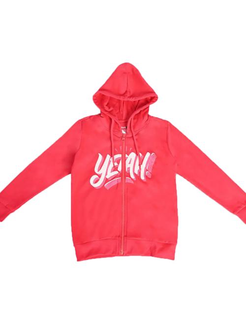 UrbanMark Junior Girls Pink Chest Printed Front Open Full Sleeves Hoodie Sweatshirt