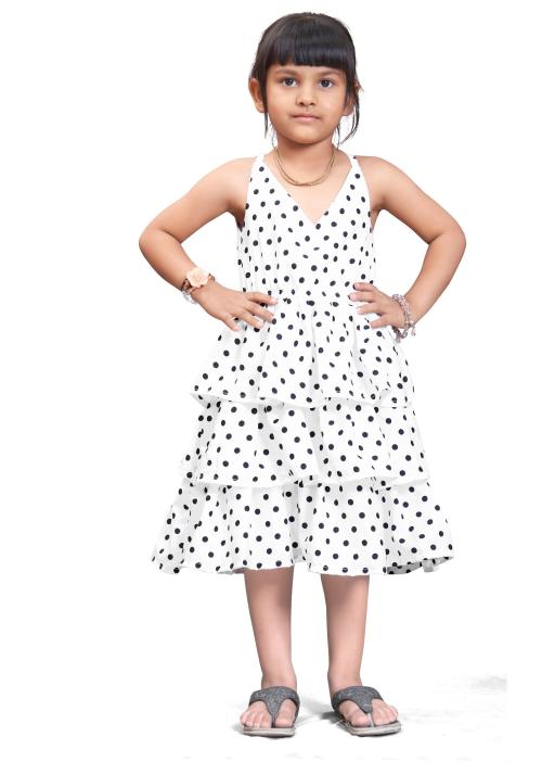 Selvifab Girls White Printed Crepe Below Knee Casual Dress (10-11 Years)
