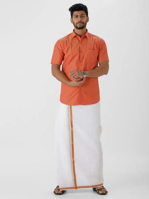 Ramraj Men Orange Solid Spread collar Short sleeves Pure Cotton Shirt with Veshti.
