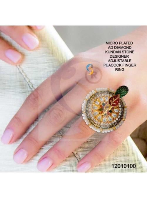 shreenathji jewelleryKUNDAN STONE PEACOCK FINGER RING. Adjustable Gold