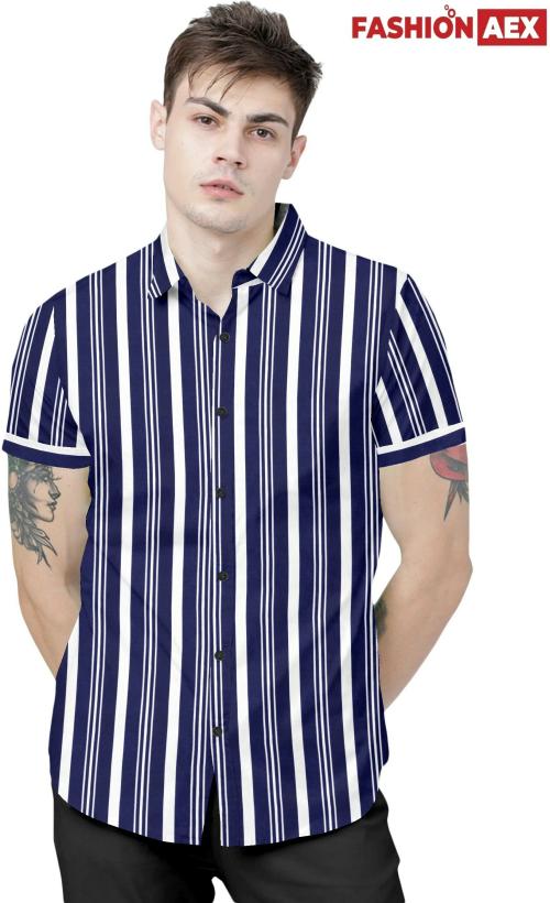 Fashionaex Men Dark Blue Striped Lycra Blend Casual Shirt