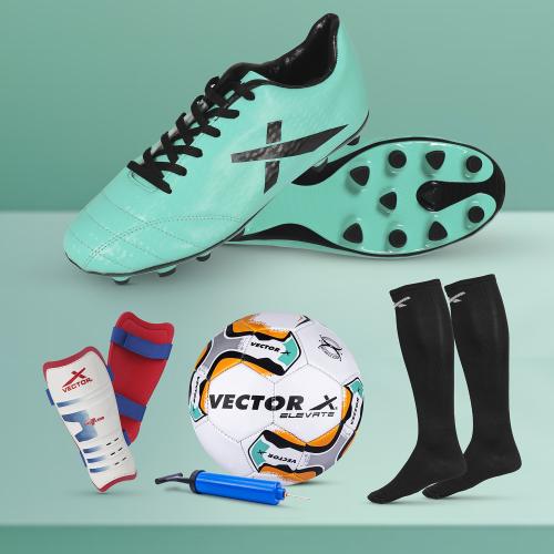 Vector X Combo Of NXG Football Shoes,Elevated Football Pump, Blastic Stocking and England Shinguard for Practice and Training