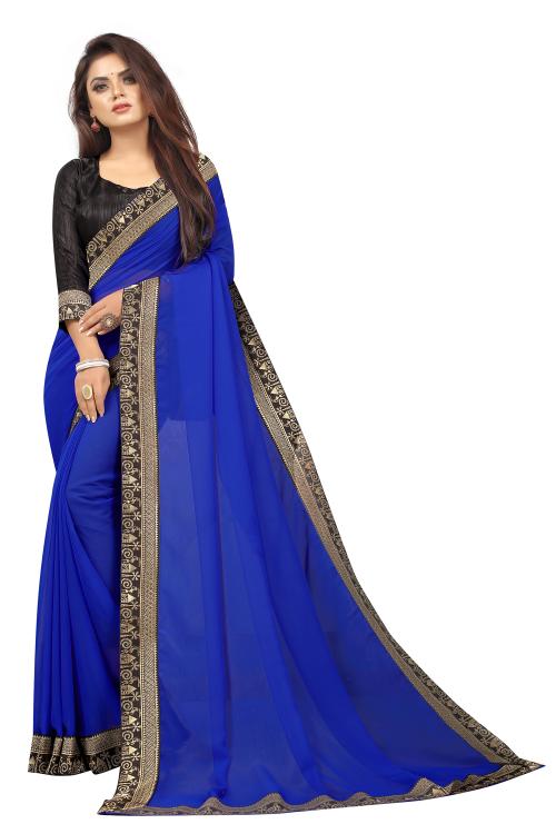 Reeta Fashion Gorgeous Royal Blue Georgette Maharani Lace Saree with Unstitched Blouse