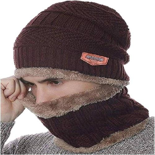 YOUTH ROBE Men Brown Self Design Woolen Beanie Cap with Neck Warmer