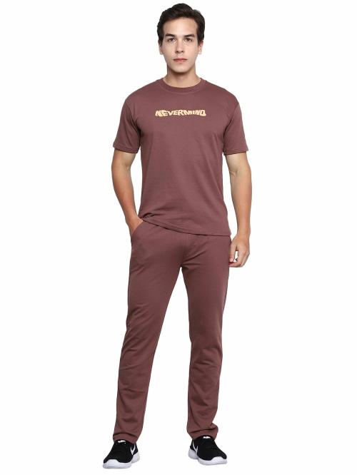 TWF - The Wardrobe Farm Men Chocolate Solid Cotton Round Neck Tshirt With Track Pant (M)