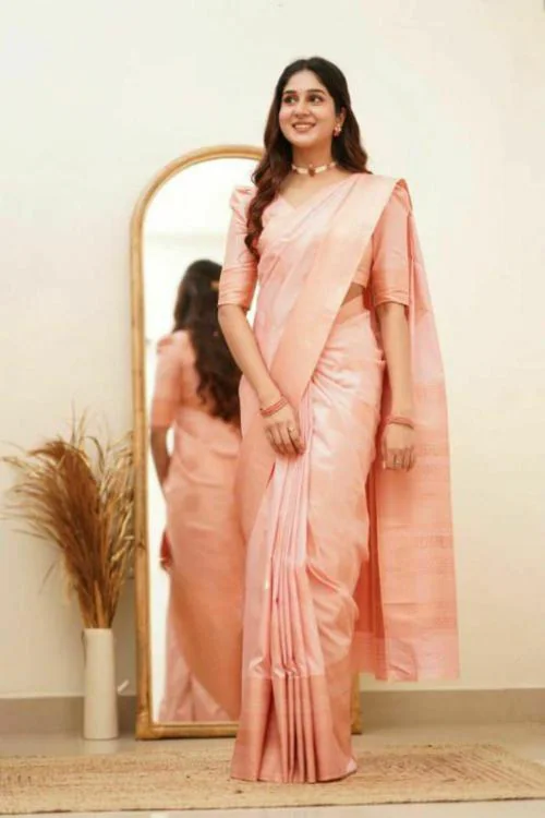 SETUMAALIK Women Beautiful Kanjivaram Silk Saree With Elegant Border (Light Pink)