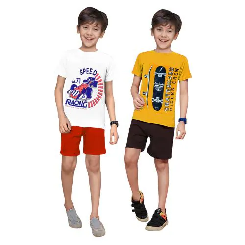 KUCHIPOO Boys Regular Fit Cotton T-Shirt and Short Set (Multicolor, Pack of 2)
