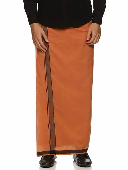 Handlooom.com - Handmade in india for the world ! Handmade Pure Cotton Saffron/Kavi Color Dhoti/Mundu for Men With Handloom Mark And 1 Year Warranty