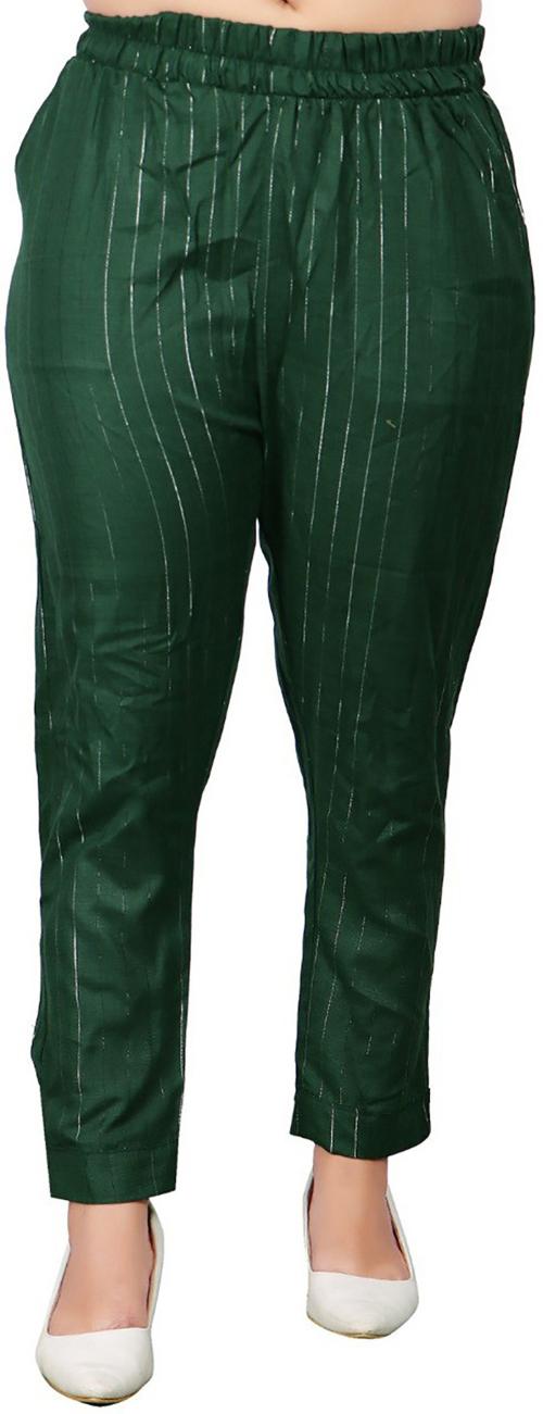 Alina Beyond Fashion Women's Dark Green Striped Cotton Blend Cigarette Trousers
