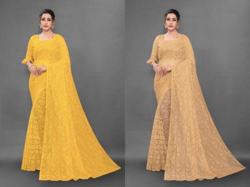 Fashion Field Women Yellow and Gold Self Design Net Saree with Unstitched Blouse Piece (Pack of 2)