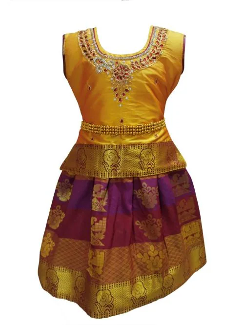 GTmax Traditional Silk Cotton Pattu Pavadai set-Roja Pattu_Gold- 7-8 Y