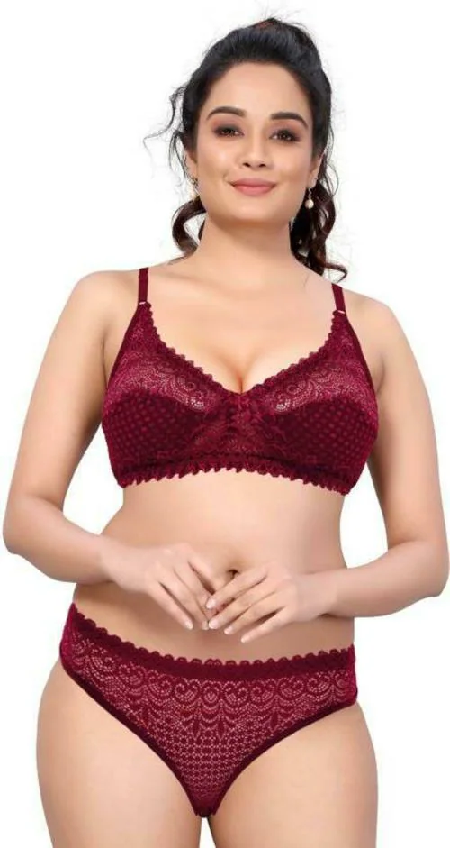 DHANDAI FASHION Women Maroon Self Design Lace Bra and Panty Set