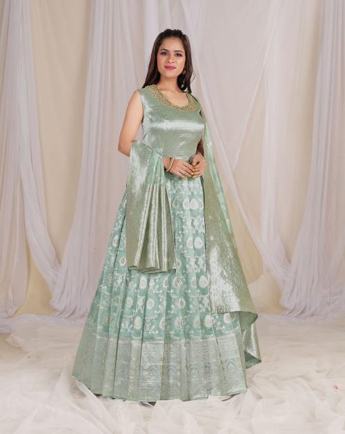 HALFSAREE STUDIO Sea Green Banarasi silk Zari Woven Gown with Dupatta