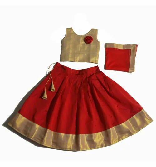 HARI CHARAN ENTERPRISE _ D9Kids Girls Red Solid Cotton Lehenga, Choli and Dupatta Set