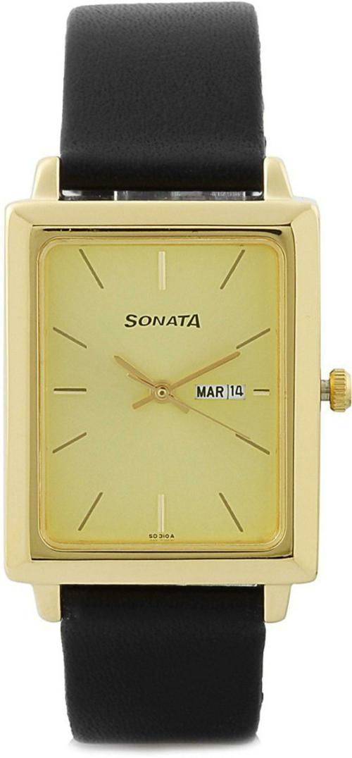 Sonata Free Size Gold Dial Black Strap Analog Watch For Men - (7078YL04)