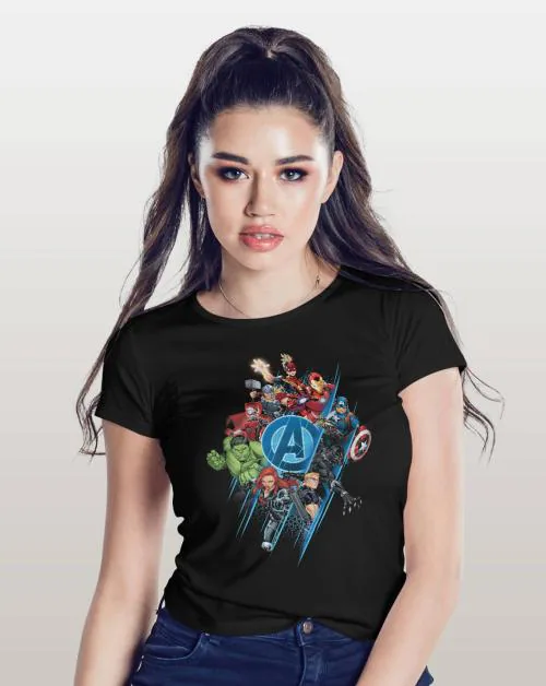 Macmerise Avengers All Heroes Black T-shirt for Womens