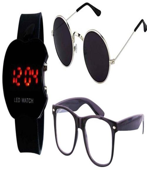 Y&S Unisex Sunglasses for Men And Women with Led Digital Wrist Watch Combo ( YS2107-RndNklBlk-WayClr-Led )