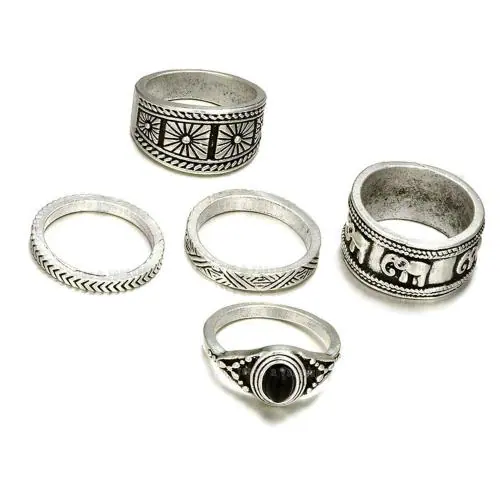 Young & Forever Mothers Day Gifts Boho Gypsy Vintage Retro Style Antique Silver Carved Midi Rings Set For Girls Stylish Set Of 5