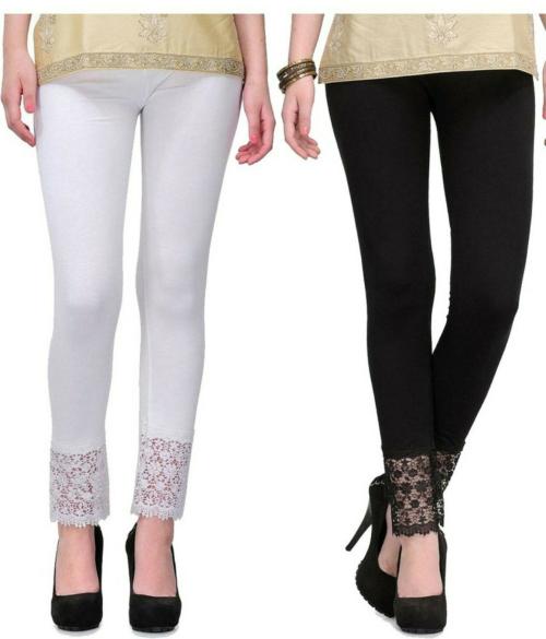 PI World Women's Viscose Fabric Botton Lace Leggings set of 2