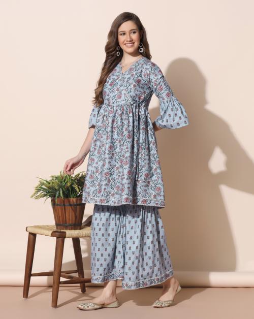 Fashion Dream Women Grey Floral Printed Cotton Angrakha Kurta And Sharara Set | Kurta Suit Set For Women | Cotton Kurta Set | Kurti And Bottom Set| Ethnic Kurta Set