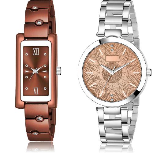NEUTRON Latest Formal Chain Bracelet Diamond And Chain Brown And Silver Colour Analog Metal And Stainless Steel Belt 2 Watch Combo For Women And Girls - G565-GM204