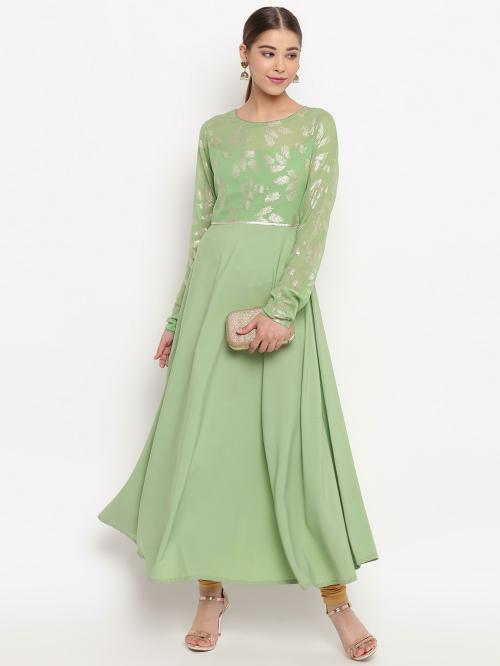 Janasya Women Light Green Floral Poly Crepe Kurta
