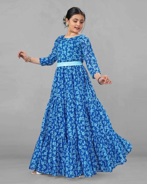 Fashion Dream Girls Blue Floral Printed Tabby Silk Dress | Dresses | Kids Wear | Girls Dress | Kids Dress | Dress | Dresses For Girls | Maxi Dress | Kids Girls Dress | Tiered Dress