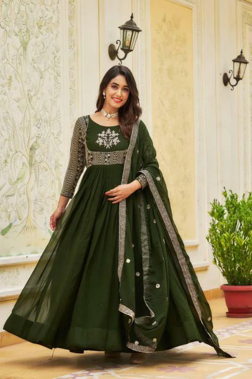 DHRUVINS Elegant Long Gown with Dupatta Set for Women - Designer Indian Evening Dress with Embroidery, Perfect for Weddings, Festive Occasions, and Cultural Celebrations (GREEN- XXL)