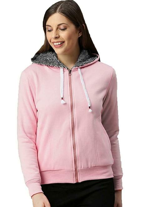 ADBUCKS Women Pink Solid Cotton Hoodie