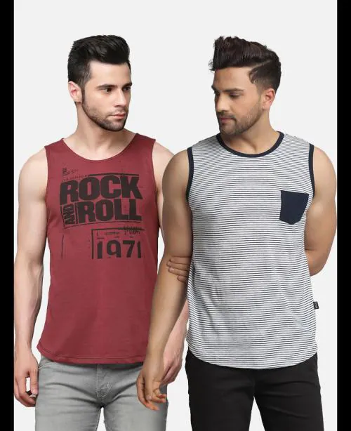 Rigo Men Combo of Grey and Maroon Printed Vest T-shirts