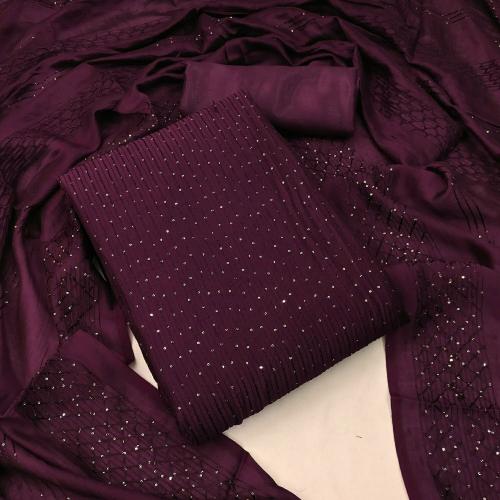 Marabout Wine Colour Embrodried Unstitched Dress Material