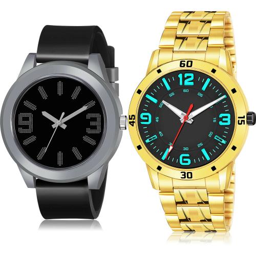 TIMENTER Classical Fancy Sports And Gold Chain Black And Gold Colour Analog Resin And Stainless Steel Belt 2 Watch Combo For Boys And Men - BM102-(46-S-21)