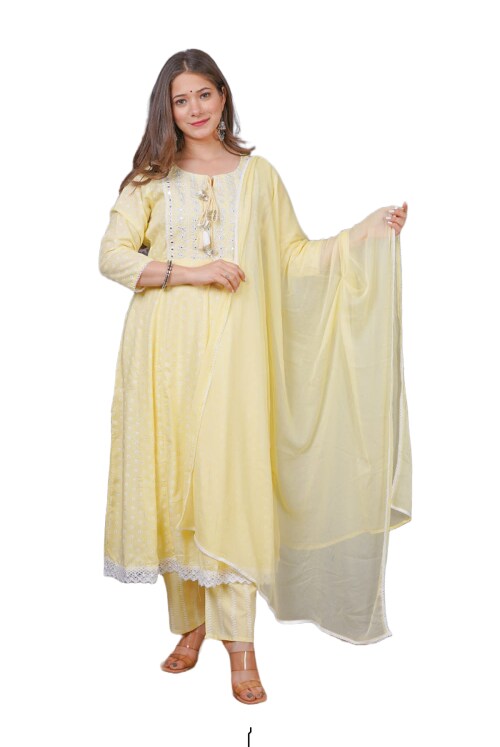 Clickedia Womens Fully Stitched Rayon Printed Anarkali Kurti with Lace , Zari and Chiffon Dupatta with Pants Jaipuri Salwar Suit