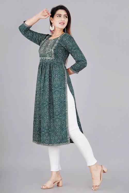 Mintmarie Women's Green Embroidered Nayra Cut Kurti (L)