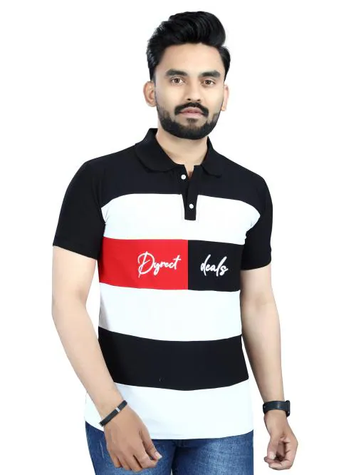 Black and white polo neck t shirt men|color block|fabric cotton blend