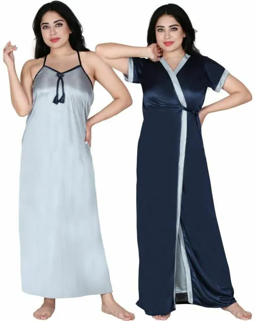 BAILEY SELLS Women Blue Solid Satin Nighty with Robe - Free Size | Free Size Nighties | Blue Nighties | Satin Nighties | Night wear | Sleep wear