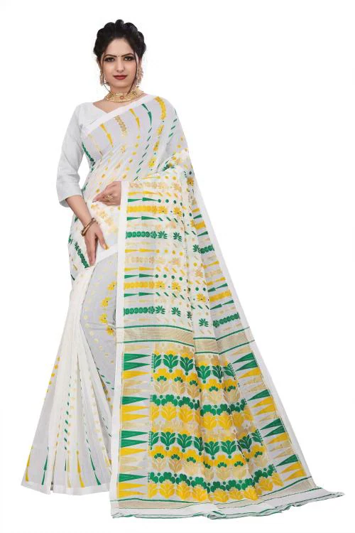 Webtile World Women Rani Woven Design Cotton Silk Jamdani Saree (Free Size)