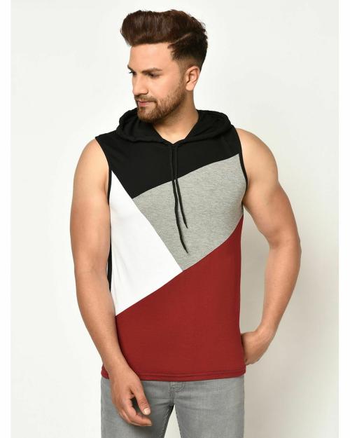 Buy Glito Color Blocked Multicolor Sleeveless Hoodie Tshirts For Men's