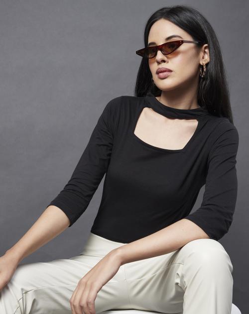Rigo Women Black Solid Choker Neck Top