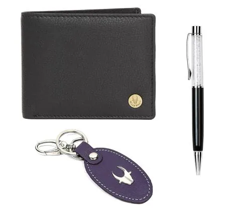 Wildhorn Men Black Wallet Keychain And Pen Set